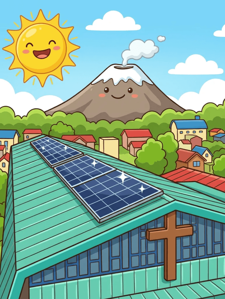 Ilustración educativa de un colegio con paneles solares en el sur de Chile