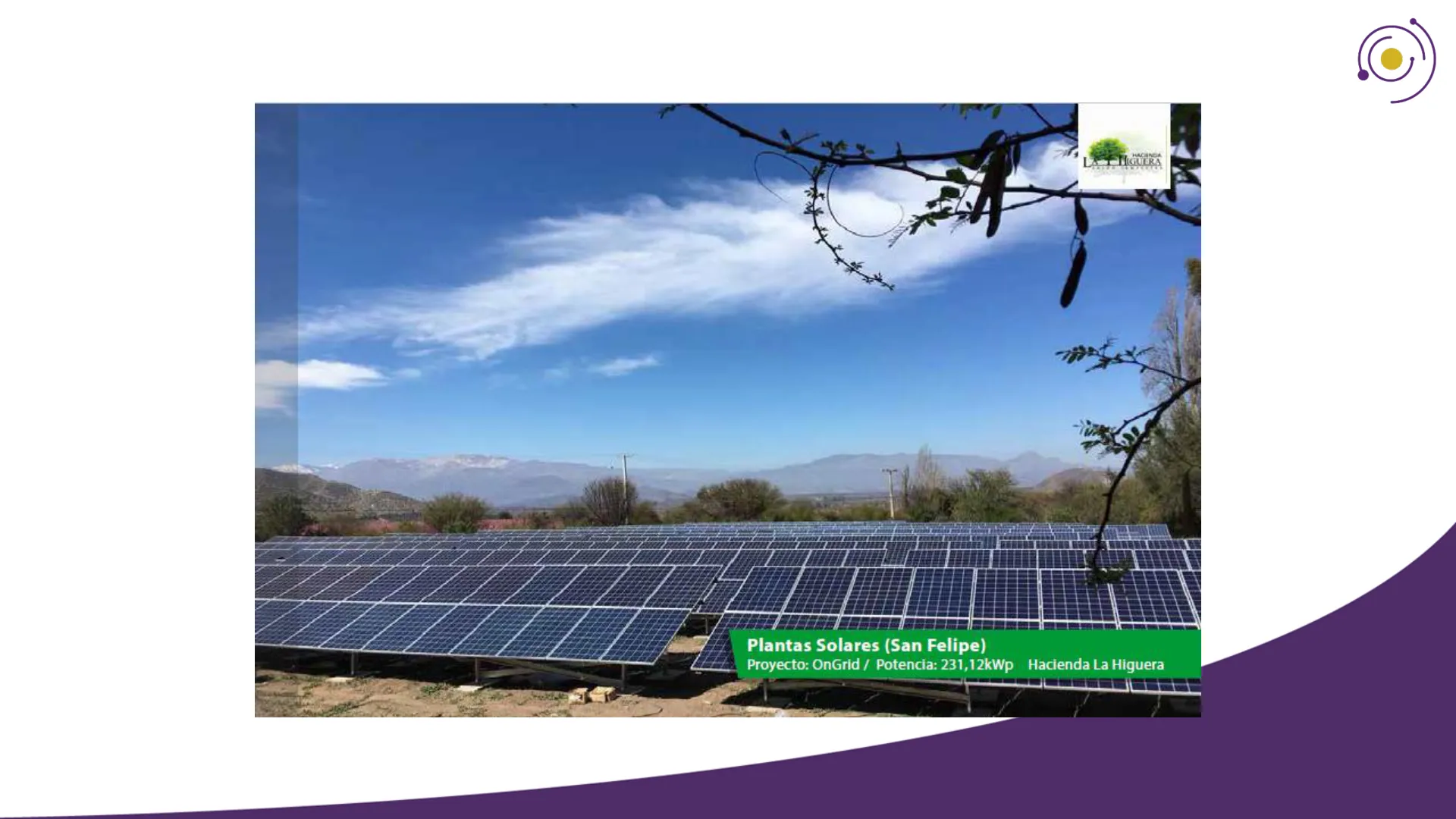 Planta solar 231 kWp ground-mount Hacienda La Higuera San Felipe — vista drone con la cordillera de los Andes de fondo