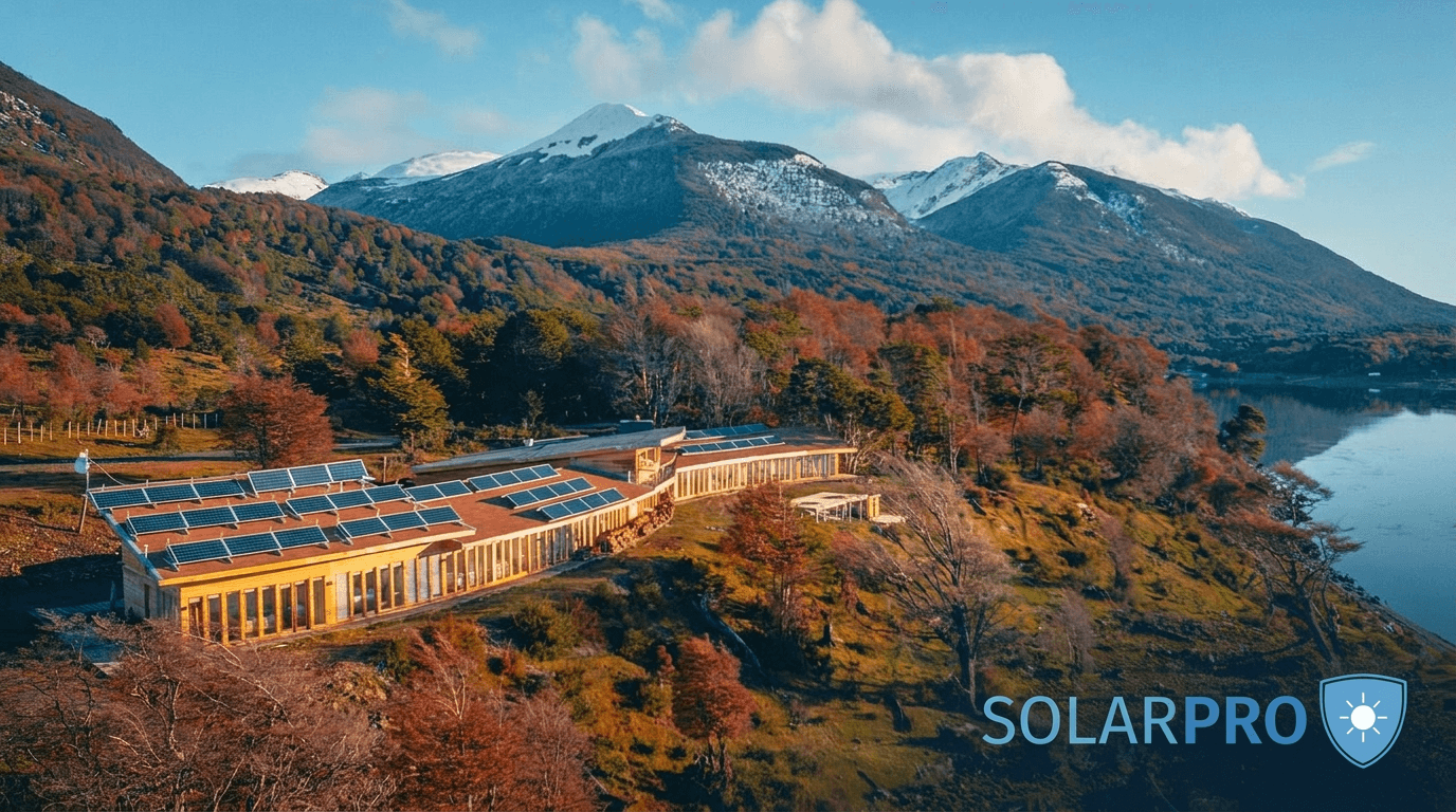 Edificio educacional con paneles solares en Puerto Williams, Cabo de Hornos, junto al canal Beagle