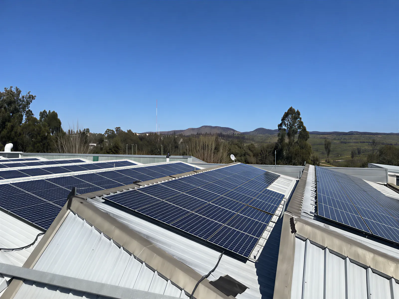 Paneles solares montados con la inclinación de las cubiertas en la sede Viña del Mar de la Universidad Técnica Federico Santa María, con cerros y eucaliptos de fondo